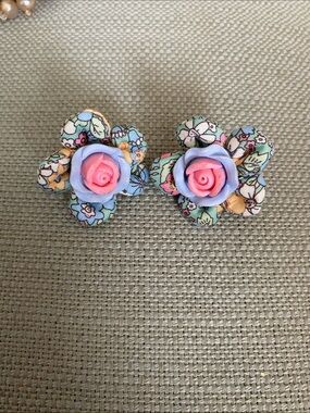 Yellow Chimes Floral Fabric Flower earrings with Pink Rose polymer Center